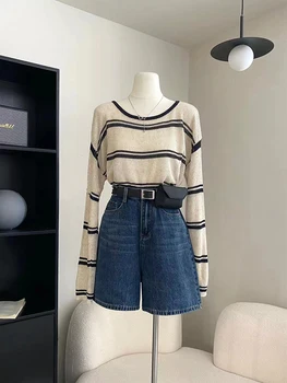 Kore Moda Rahat Çizgili Örgü Tees İnce Kazaklar Kadınlar Uzun Kollu Üstleri Streetwear Tüm Maç Baggy Kırpma Üst 2000s Trend