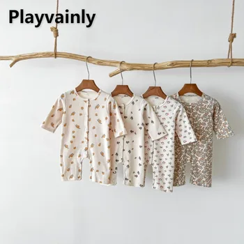 Kore Tarzı Yeni Bahar Sonbahar Erkek Bebek Kız Pijama Waffle Sevimli Baskı Tek Göğüslü Tulum Yenidoğan Ev Giyim Gecelik E492