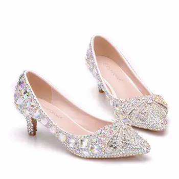 Kristal Kraliçe Ayakkabı Külkedisi Kadın Topuklu Akşam Parti İçin Parlak Yuvarlak Ayak Özel Renk Taklidi Yay Düğün Pompaları