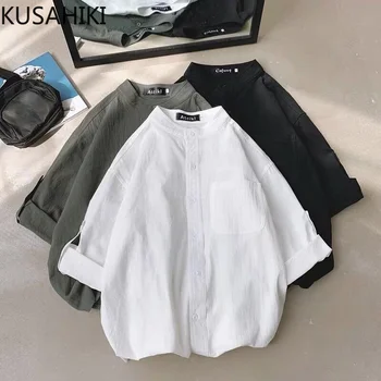 KUSAHIKI 2023 Yaz Yeni Hırka Güneş Koruma Rahat Standı Boyun Kadın Üstleri Üç Çeyrek Kollu Kore Katı Bluz Ceket