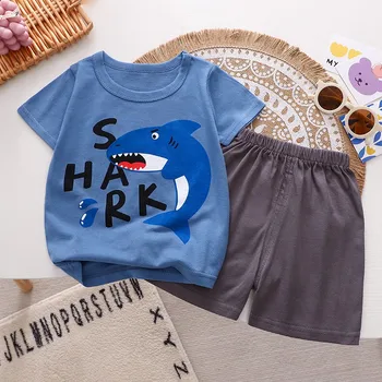 Köpekbalığı Desen T-shirt + Şort 2 adet/takım Bebek Erkek Giysileri İçin Yaz Yeni 0-4 Yaş Çocuk Kısa Kollu Takım Eşofman Kız Setleri