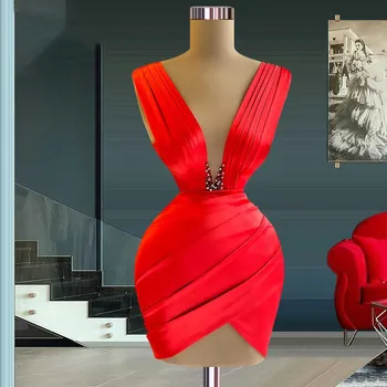 Kırmızı Kısa Mini Etek Diz Üstü V Yaka Pileli Kolsuz Katı Boncuk Basit Seksi Yüksek Kaliteli Kokteyl Elbisesi Kadınlar İçin kız