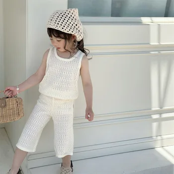 Kızların Yaz Hollow-out örgü elbise 2023 Yaz Yeni Kore Tarzı kadın Bebek Yelek Geniş Bacak Pantolon İnce Nefes Pamuk