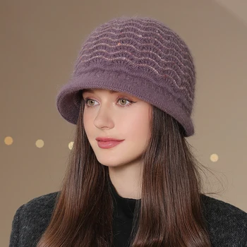 Kış Anne Yün Şapka Kalın Sıcak Eklemek kürk Astarlı Şapka Moda Şapka Kadınlar İçin Anne Tavşan Kürk Örme Kova Şapka