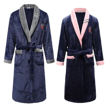 Kış Artı Boyutu Çift Elbise Pijama Kalınlaşmış Mercan Polar Sıcak Gecelik Kimono Bornoz Elbisesi Gevşek Ev Giysileri Loungewear