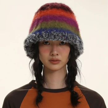 Kış Sıcak Degrade Yün Vintage Renk Şerit Kasketleri Kadınlar El Yapımı Tığ Bere Kalın Sıcak Örme Şapka Kış Kova Şapka
