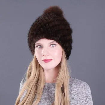 Kış Vizon Kürk Örme Şapka Kadın Kış Sıcak kulak koruyucu şapka Tilki Topu Deri Şapka Kadın El Yapımı örgü bere Doğal Kürk Şapka