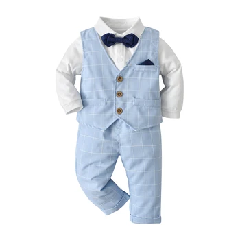 LAPA Erkek Bebek Resmi Elbise 3 adet Set İngiltere Tarzı Uzun Kollu papyon Gömlek + Yelek + pantolon seti Erkek Bebek Doğum Günü partisi kostümü