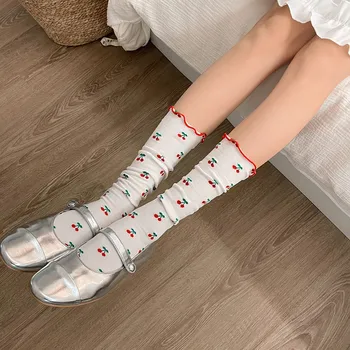 Lolita Tatlı Kızlar Ruffles Çorap Kiraz Baskı JK Japon Tarzı Kawaii Sevimli Çorap Kadın Moda Harajuku Streetwear Uzun Çorap
