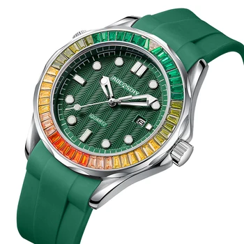 Lüks erkek saatleri Renkli Elmas silikon kauçuk bant Takvim Reloj Erkek Kuvars Kol Saati İş Adamı Yeşil Rhinestone Saat