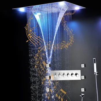 Lüks Müzik Bluetooth Duş Seti LED Büyük Yağmur Perde Showerhead Şelale Masaj Termostatik yüksek Akış Musluklar 2 