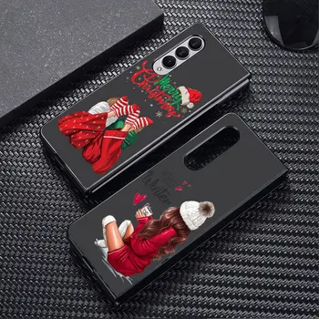 Merry Christmas Yeni Yıl Kız Lüks samsung kılıfı Galaxy Z Fold5 5G Z Fold4 ZFold4 Z Fold3 Darbeye Dayanıklı Kapak Siyah