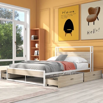 Metal çift kişilik yatak, Modern basit Sağlam Metal platform karyola iskeleti 4 Çekmeceli,Prizler ve USB Bağlantı Noktaları,gençlik yetişkin yatak odası için