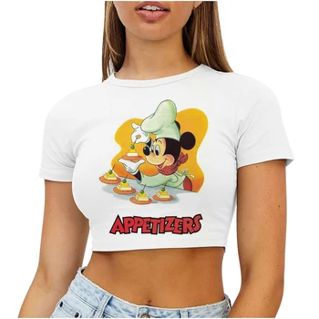 Mickey Kadın Giyim Kadın Yaz 2023 Disney Yuvarlak Boyun kadın T-shirt Bayan Giyim Seksi Minnie Mouse Kısa Üst T-shirt Yk2