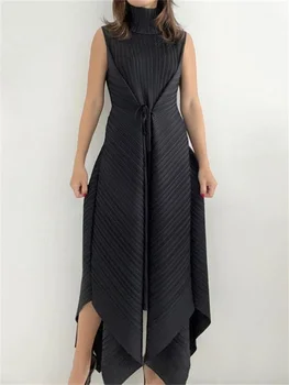 Miyake issey Miyake Pilili Elbise Kadınlar için Yüksek Boyun Kolsuz Midi Zarif Gevşek Elbiseler Kadın Moda Parti Giyim 2023 Yaz Elbiseler