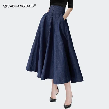 Moda Denim Kumaş Etek Kadın Yüksek Bel A-line Mavi Kot Etekler Cepler İle Pilili Bayanlar Rahat Bahar Yaz Uzun Etek