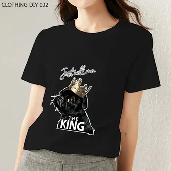 Moda Giyim Tshirt kadın Rahat Temel Banliyö Sevimli Yavru Kral Desen Baskı Rahat Polyester Ekip Boyun Siyah Üst