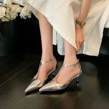 Moda Kadın Sandalet Sivri Burun Gümüş Siyah Altın İnce Yüksek Topuklu T Kayışı Seksi Ayak Bileği Kayışı Parti Ayakkabı Pompaları Kadın Boyutu 35-39