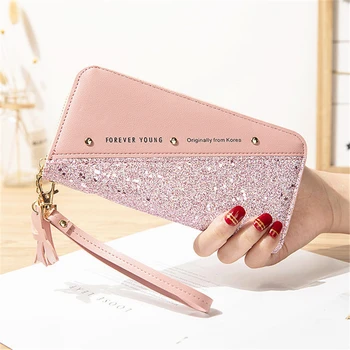 Moda kadın Sequins Patchwork Glitter Mektup Cüzdan Kadın Pu Deri Uzun bozuk para çantaları Bayanlar kart tutucu el çantası