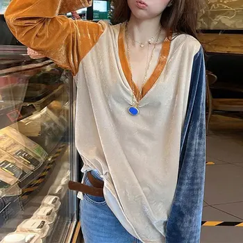 Moda Kontrast Renkler Eklenmiş Kazaklar İlkbahar Sonbahar Uzun Kollu Kadın Giyim Rahat V Yaka Kore asimetrik tişört