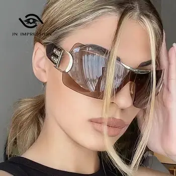 Moda tek parça Lens büyük boy çerçevesiz Hip Hop güneş gözlüğü Retro Modern güneş gözlüğü