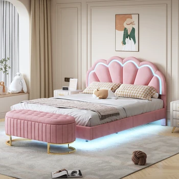 Modern 2 Adet Yatak Odası takımları, Kraliçe Döşemeli LED platform yatak Depolama Osmanlı Kadife, Pembe Yatak Odası Takımları rahat kullanım