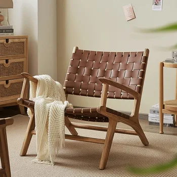 Modern Rattan Oturma Odası Sandalyeleri Koltuk Recliner deri tasarımcıdan sandalye Ahşap Okuma Kanepe Bireysel Fauteuil Mobilya