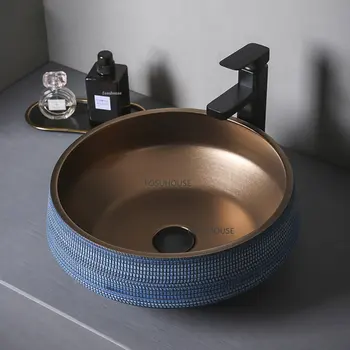 Modern Seramik tezgah lavabosu Banyo Armatürü Balkon Lavabo Basit Metalik Sır Mavi Ev Banyo lavabo takımı