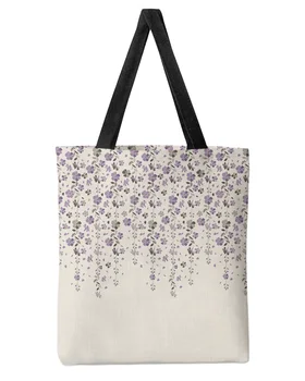 Mor Gri Çiçek Pamuk Keten Büyük kapasiteli Kadın alışveriş çantası Kız Kadın Bayan Kullanımlık Omuz Öğrenci Çanta