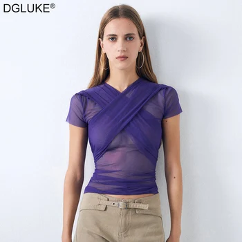 Mor şeffaf ağ T - shirt Kadınlar İçin Criss Çapraz Bandaj V Yaka kısa kollu tişört Seksi Yaz Üst