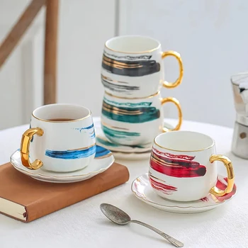Mürekkep boyama serisi mat altın kahve fincanı yaratıcı suluboya mürekkep seramik çay fincanı kupa seramik tabak kahve kupa