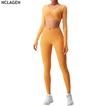 NCLAGEN Squat Geçirmez Dikişsiz Kadın Takım Elbise kadın Uzun Kollu Gömlek Ve Tayt Yoga Pantolon Koşu Spor Spor Seti Koşu