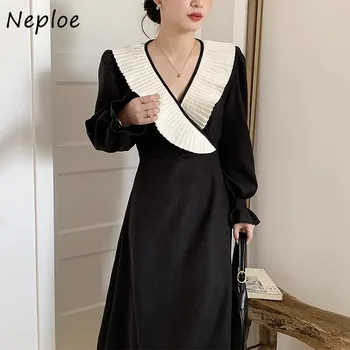 Neploe Sonbahar Yeni Çapraz V Yaka Dantelli Elbiseler Kore Şık Ince Bel siyah elbise Kadınlar ıçin Y2k Uzun Kollu Vestidos Mujer