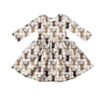 Noel son tasarımlar Bebek kız giyim Kız giyim ekip-boyun uzun kollu elbise Beyaz ekose kumaş geyik baskı elbise