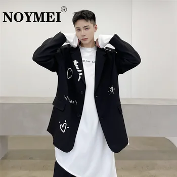 NOYMEI Sonbahar Yeni Kişiselleştirilmiş Baskılı Yüksek Sokak Takım Elbise Kore Moda Tek Göğüslü Siyah Turn-aşağı Yaka erkek Blazer WA490