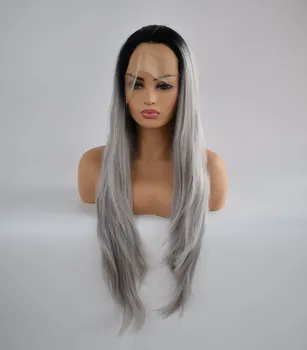 Ombre Koyu Kökleri Gri Sarışın Sentetik Saç Dantel ön peruk Kadınlar için Tutkalsız Uzun 26 İnç İpeksi Düz Yumuşak 13x4 Dantel Peruk