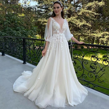 OYISHA Illusion Tül Prenses Gelin Kıyafeti Derin V Yaka Dantel Aplikler düğün elbisesi Puf Kollu Narin A-Line vestido de noiva