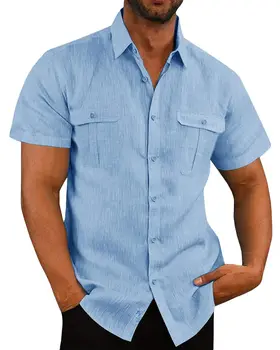 Pamuk Keten Sıcak Satış Erkekler Kısa Kollu Gömlek Yaz Düz Renk Stand-Up Yaka Rahat Plaj Tarzı Artı SizeMale Gömlek M-5XL
