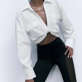 PASSİONNÉ Beyaz kadın gömlek Turn Down Yaka Tam Kollu Cepler Üstleri Kadın Streetwear Stil 2023 Yaz Moda Yeni