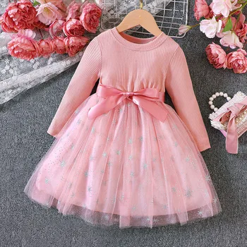 Pembe Elbiseler Kızlar İçin 2023 Sonbahar Kış Çocuk Giyim Örgü Gazlı Bez Patchwork Tül Elbise Doğum Günü Düğün Parti Prenses Elbiseler