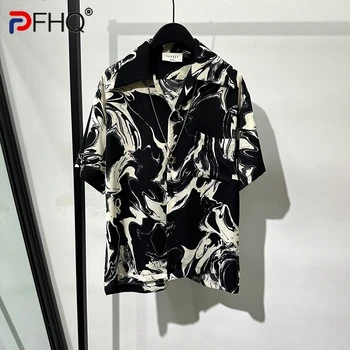 PFHQ 2023 Yaz Yeni Moda Casual Gömlek Nefes Kısa Kollu Tek Göğüslü Baskı Gevşek erkek Bluz Giyim 21F3600