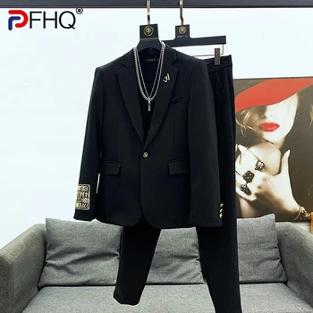 PFHQ sonbahar erkek manşet nakış takım elbise rahat yakışıklı Streetwear yüksek kaliteli ışık lüks iş tasarım pantolon 21Z1151