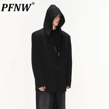 PFNW Ayrılabilir Kapşonlu Blazer V Yaka günlük giysi Ceketler erkek Darkwear Erkek Düz Renk Vintage Mont Sonbahar Şık Yeni 28W1015