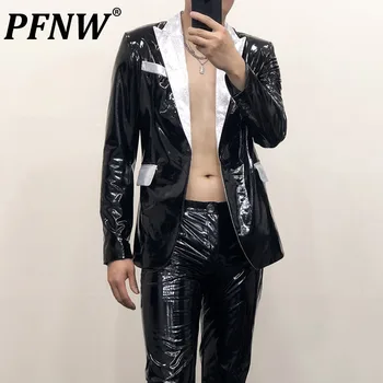 PFNW Yüksek Kaliteli Siyah Ayna Parlak Deri Gümüş Patchwork Yaka Takım Elbise erkek Büyük Boy Gece Kulübü Pu Deri Blazers 12Z4443