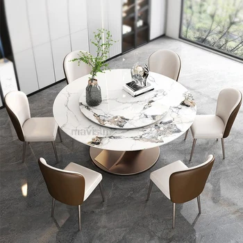 Pikap Yuvarlak Yemek Masaları Döner Sandalyeler İle Lüks Beyaz Yemek Masası Mermer Modern mutfak mobilyası Seti