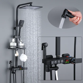 Pirinç Siyah Termostatik dijital ekran Duş Musluk yağmur biçimli duş Sütun Duvara monte Duş Sistemi Yağış Duş Seti