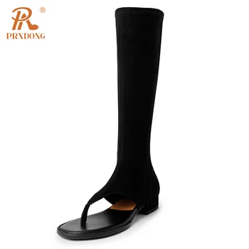 PRXDONG kadın ayakkabısı Yaz Sonbahar Düşük Kare Topuklu Flip-flop siyah ayakkabı Kadın Diz Yüksek Çizmeler Elbise Parti Rahat Bayan Ayakkabıları
