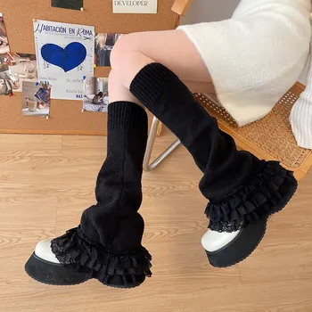 Punk Koyu Siyah bacak ısıtıcıları Dantel Diz üstü çorap Kış Sıcak Örgü Y2K Bacak Kapakları Harajuku bot paçaları Japon JK Lolita Çorap