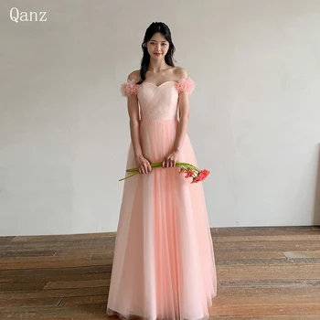 Qanz Zarif Abiye Kapalı Omuz Pembe Tül Kore Kadın Rufflers Uzun Bir Çizgi Zarif Parti Elbiseler Kadınlar İçin 2023