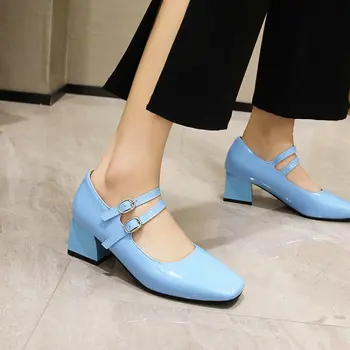 QPLYXCO Patent PU Deri Sarı Mavi Çift Bant Toka Kayış Retro Bayanlar Pompaları Tıknaz Yüksek Topuklu Kadın Mary Janes Ayakkabı